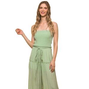 GiGiO Sage Green Strapless Woven Solid Sleeveless Top Smocked Ruffle Jumpsuit